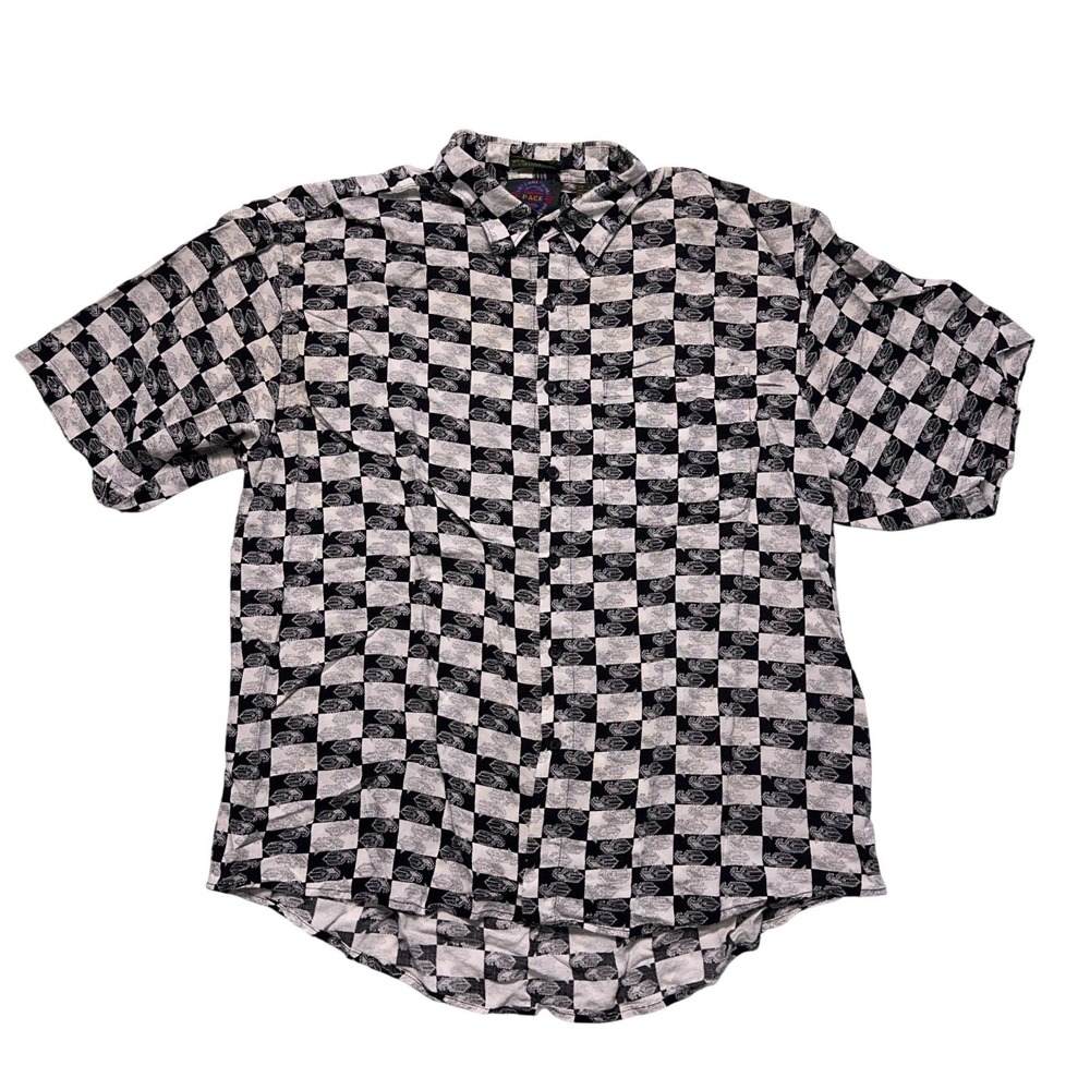 Vintage 80s Abstract Rayon Button Up Shirt Mens Large Black Geometric AOP